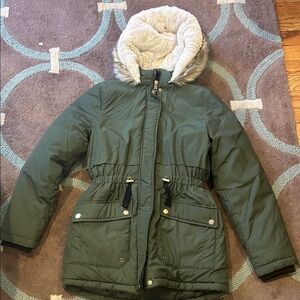Green Hooded Parka with Faux Fur Trim
